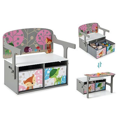 3 In 1 Kids Convertible Activity Bench With 2 Removable Fabric Bins