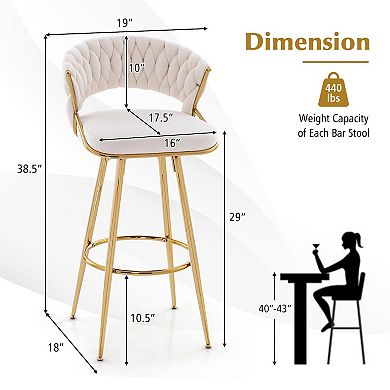 29 Inch Velvet Bar Stool Set Of 2 With Woven Backrest And Gold Metal Legs
