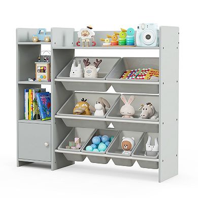 4-tier Kids Bookshelf And Toy Storage Rack With 8 Toy Organizer Bins-grey