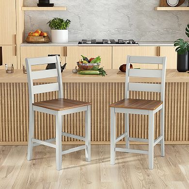 Set Of 2 Counter Bar Stool With Inclined Backrest And Footrest-Grey