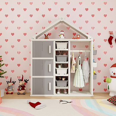 Kids Costume Storage Closet With Storage Bins And Shelves And Side Baskets For Kids Room