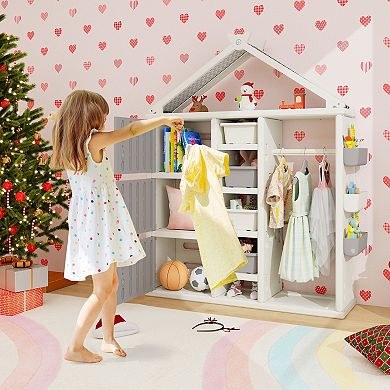 Kids Costume Storage Closet With Storage Bins And Shelves And Side Baskets For Kids Room