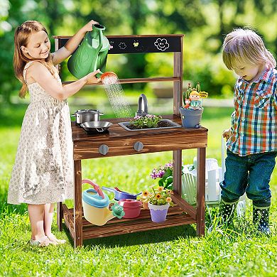 Outdoor Mud Kitchen For Kids With Rotatable Faucet And Removable Sink-natural