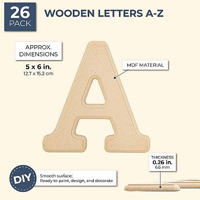 26 Pieces Wooden Alphabet Letters For Crafts, 6-in Abcs For Painting, 0.1" Thick