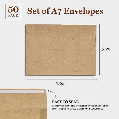 50-pk A7 Brown Kraft Paper Envelopes With Self-sealing Flaps For 5x7 Cards