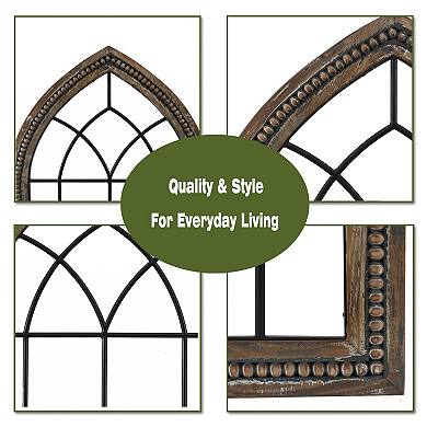 LuxenHome Rustic Wood And Black Metal Arched Window Wall Decor