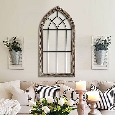 LuxenHome Rustic Wood And Black Metal Arched Window Wall Decor