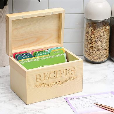 Wood Recipe Organization Box With Cards And Dividers For Diy, 7.2"x 5"x 4.7"