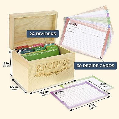 Wood Recipe Organization Box With Cards And Dividers For Diy, 7.2"x 5"x 4.7"