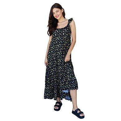 Fashnzfab In The Garden Ruffle Floral Maxi Dress In  Black Yellow Floral