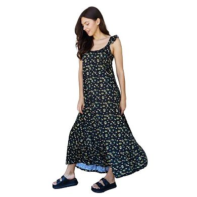 Fashnzfab In The Garden Ruffle Floral Maxi Dress In  Black Yellow Floral