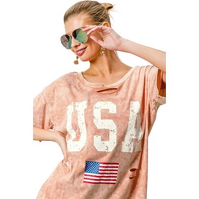 Fashnzfab Washed American Flag Graphic Distressed T-shirt