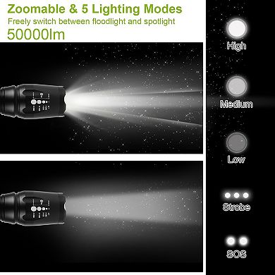 Black, 50000lm Zoomable Tactical Military Led Flashlight Set Of 2