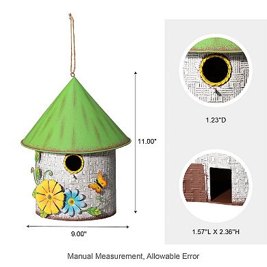 Glitzhome Metal Cottage Decorative Birdhouse With A Cluster Of 3d Flowers And Butterfly