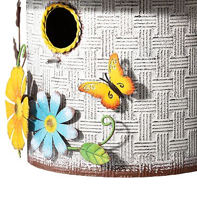 Glitzhome Metal Cottage Decorative Birdhouse With A Cluster Of 3d Flowers And Butterfly