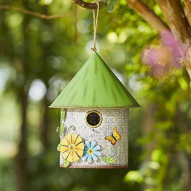 Glitzhome Metal Cottage Decorative Birdhouse With A Cluster Of 3d Flowers And Butterfly