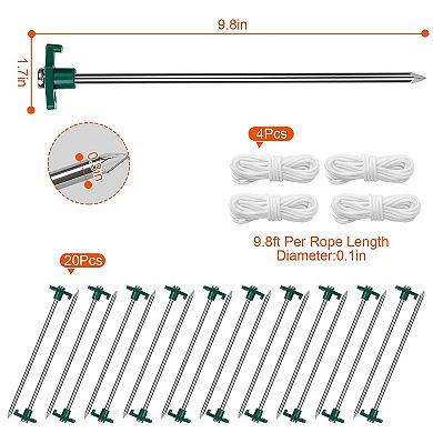 Heavy-duty Tent Pegs & Ropes 9.8in Stakes With 4x 9.8ft Nylon Ropes Set Of 20