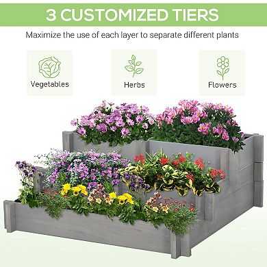 Raised Garden Bed, 3 Tier, 5 Compartments, Draining, Wood Flower Box