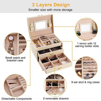 Beige, 3-layer Lockable Travel Jewelry Case Organizer With Mirror In Pu Leather