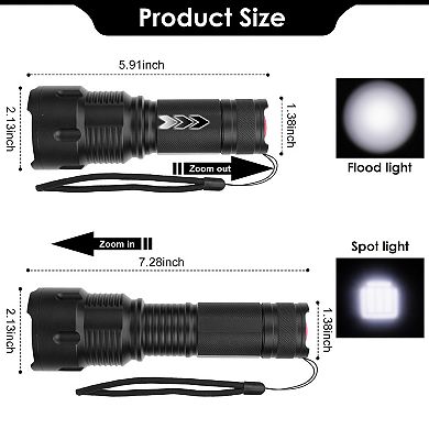 Black, Led Rechargeable Flashlight Torch With Zoomable Aluminum Alloy