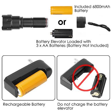 Black, Led Rechargeable Flashlight Torch With Zoomable Aluminum Alloy