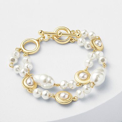 Emberly Gold Tone Simulated Pearl Double Layer Bracelet