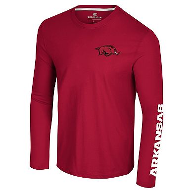 Men's Colosseum Cardinal Arkansas Razorbacks Logo Lockup 3-Hit Active Blend Long Sleeve T-Shirt