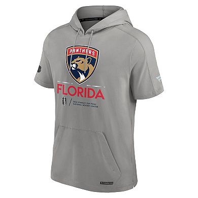 Men's Fanatics  Gray Florida Panthers 2024 Stanley Cup Final Authentic Pro Fleece Short Sleeve Pullover Hoodie