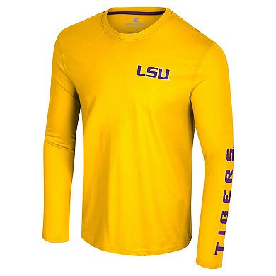 Men's Colosseum Gold LSU Tigers Logo Lockup 3-Hit Active Blend Long Sleeve T-Shirt