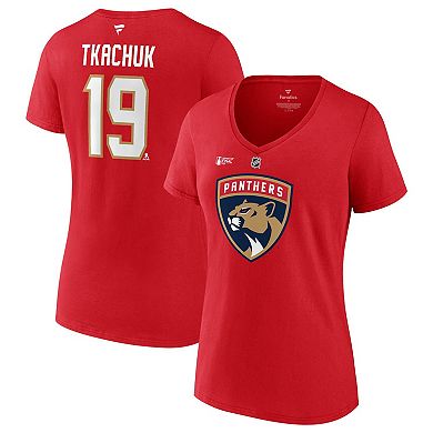 Women's Fanatics Matthew Tkachuk Red Florida Panthers 2024 Stanley Cup Final Authentic Stack Name & Number V-Neck T-Shirt
