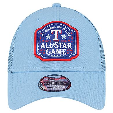 Men's New Era Light Blue Texas Rangers 2024 MLB All-Star Game Patch 9FORTY Trucker Adjustable Hat