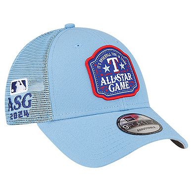 Men's New Era Light Blue Texas Rangers 2024 MLB All-Star Game Patch 9FORTY Trucker Adjustable Hat