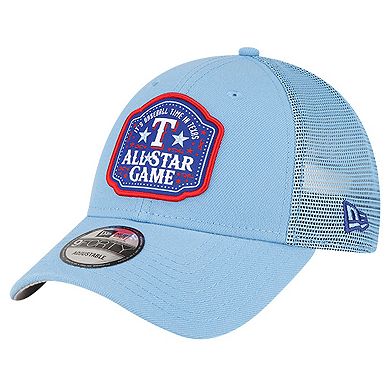 Men's New Era Light Blue Texas Rangers 2024 MLB All-Star Game Patch 9FORTY Trucker Adjustable Hat