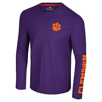 Men's Colosseum Purple Clemson Tigers Logo Lockup 3-Hit Active Blend Long Sleeve T-Shirt