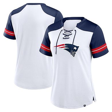 Women's Fanatics White/Navy New England Patriots Foiled Primary Lace-Up T-Shirt