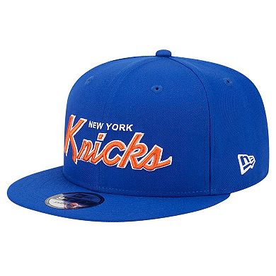 Men's New Era Blue New York Knicks Evergreen Script Side Patch 9FIFTY Snapback Hat