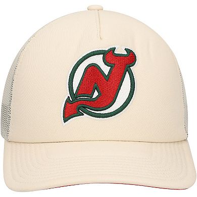 Men's Mitchell & Ness Cream New Jersey Devils Foam Front Trucker Adjustable Hat