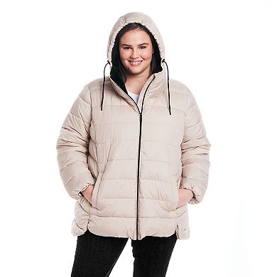 Plus Size Weathercast Hooded Puffer Coat with Cozy Pile