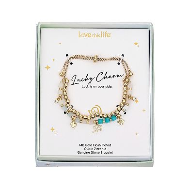 Love This Life 14k Gold Plated Cubic Zirconia Elephant & Clover Beaded Adjustable Bracelet