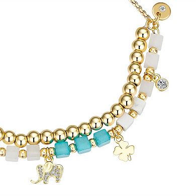 Love This Life 14k Gold Plated Cubic Zirconia Elephant & Clover Beaded Adjustable Bracelet