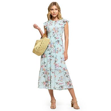 August Sky Women's Smocked Floral Ruffle Sleeve Tiered Midi Dress