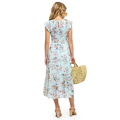 August Sky Women's Smocked Floral Ruffle Sleeve Tiered Midi Dress