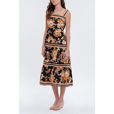 August Sky Women's Sleveless Floral Stripe Contrast Midi Dress