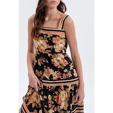 August Sky Women's Sleveless Floral Stripe Contrast Midi Dress