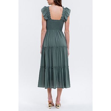 August Sky Women's Square Neckline Smocked Tiered Midi Dress