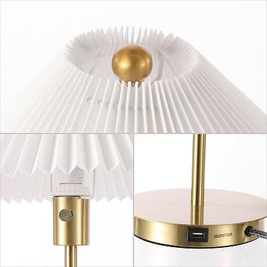 Freida Modern Glam Metal Column Led Table Lamp With Usb Charging Port And Pleated Shade