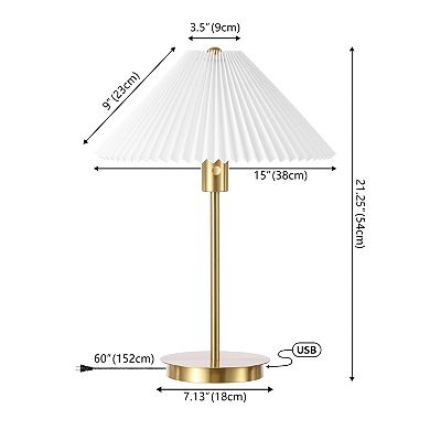 Freida Modern Glam Metal Column Led Table Lamp With Usb Charging Port And Pleated Shade