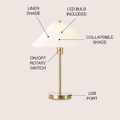 Freida Modern Glam Metal Column Led Table Lamp With Usb Charging Port And Pleated Shade