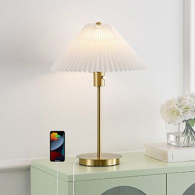 Freida Modern Glam Metal Column Led Table Lamp With Usb Charging Port And Pleated Shade