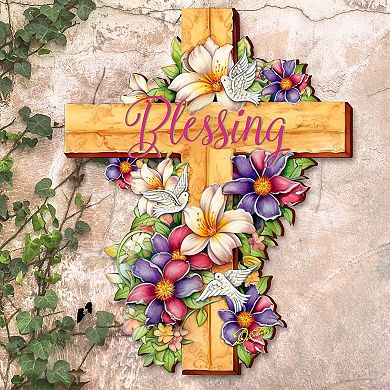 Floral Dove Blessing Wooden Cross By G. Debrekht